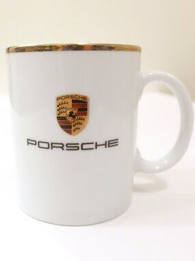 Porsche Crest Logo White Coffee Tea Cup Mug Gold Trim Made in Germany